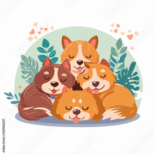 A heartwarming vector icon illustrating a group of dogs happily sleeping together, showcasing cozy cuddles, peaceful expressions, and the joy of canine friendship in a playful, cute design