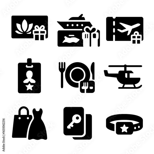 Luxury Gift Icons. Solid, filled icons set of exclusive gift experiences: spa voucher, yacht cruise ticket,