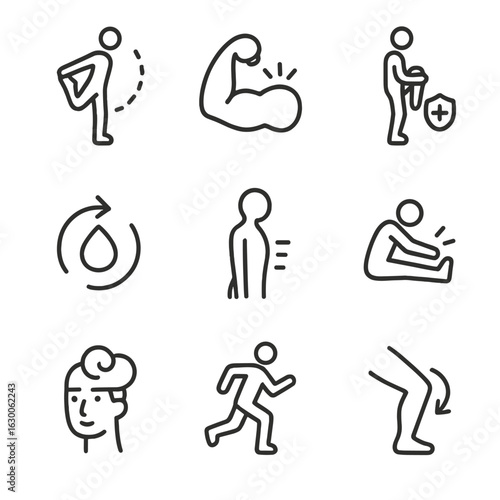 Stretch Benefits Icons. Outline icon set of stretch benefits: improved flexibility, muscle relaxation, injury prevention,