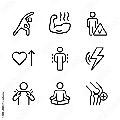 Stretch Benefits Icons. Outline icon set of stretch benefits: improved flexibility, muscle relaxation, injury prevention,