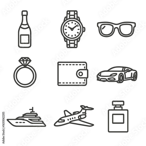 Luxury Lifestyle Icons. Outline icon set of luxury lifestyle symbols: champagne bottle, gold watch, designer