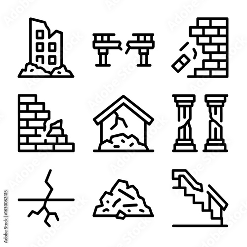 Structural Collapse Icons. Outline icon set of structural collapse: crumbled building, broken bridge, falling wall, collapsed roof