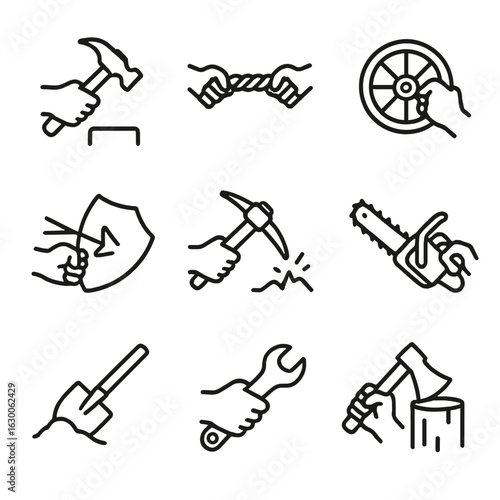 Struggle Tools Icons. Outline icon set of struggle tools in use: hammer striking, rope pulling, wheel turning, shield blocking,