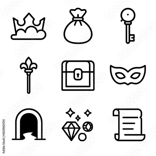 Hidden Treasures Icons. Outline icon set of hidden treasures and regalia: jeweled crown, treasure chest, velvet pouch, golden