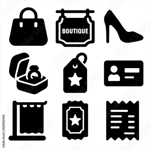 Luxury Shopping Icons. Solid, filled icons set of luxury shopping experience: designer bag, boutique sign,