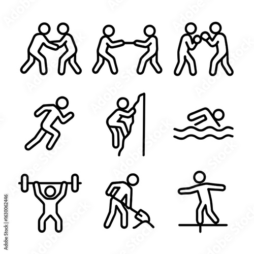 Struggle Activities Icons. Outline icon set of struggle activities: wrestling, tug of war, boxing, sprinting, climbing, swimming,