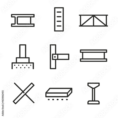Structural Icons Grid. Outline icon set of structural engineering elements: beam, column, truss, foundation, joint, girder, brace,