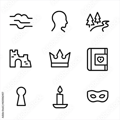 Hidden Treasures Icons. Outline icon set of hidden treasures and regalia: jeweled crown, treasure chest, velvet pouch, golden