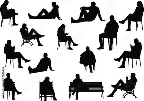 Collection of diverse black human silhouettes in various seated and reclining poses against a white background
