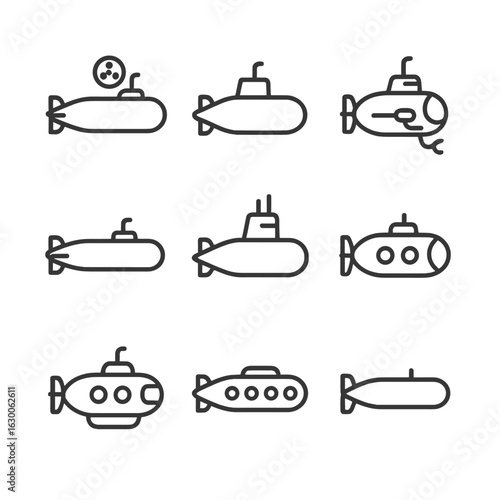 Submarine Icon Set. Outline icon set of submarine types: nuclear submarine, diesel-electric submarine, research submarine, attack