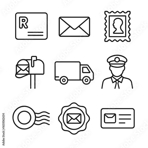 Mail Icons Grid. Outline icon set of mail tracking: registered letter, envelope, stamp, mailbox, delivery
