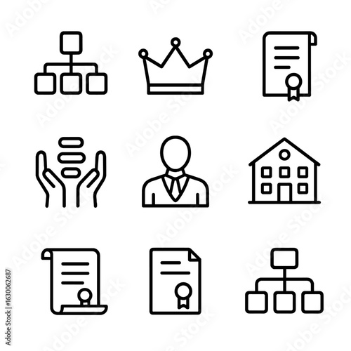 Succession Planning Icons. Outline icon set of succession planning: family tree, crown, will document, heir, generational hands,