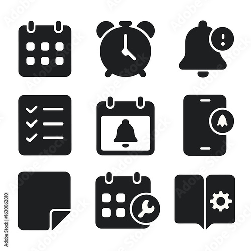 Maintenance Reminder Icons. Solid, filled icons set of maintenance reminders: calendar, alarm clock,