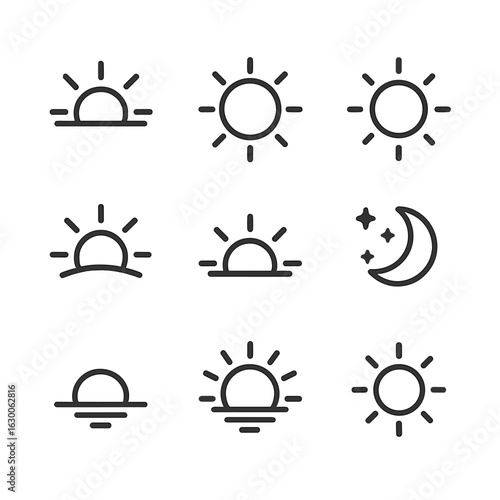 Sun Phases Icons. Outline icon set of sun phases: dawn, morning sun, noon sun, afternoon sun, dusk, twilight, sunset, golden hour,
