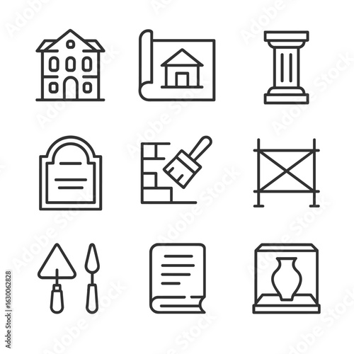 Historic Preservation Icons. Outline icon set of historical preservation: old building, blueprint, monument, heritage plaque,
