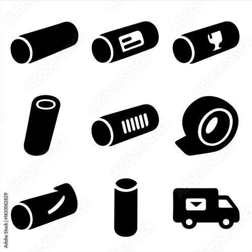 Mailing Tube Icons. Solid, filled icons set of mailing tube: cylindrical tube, sealed cap, address label,