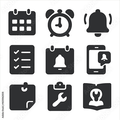Maintenance Reminder Icons. Solid, filled icons set of maintenance reminders: calendar, alarm clock,