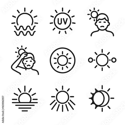 Sun Weather Icons. Outline icon set of sun-related weather effects: heatwave, UV index, sunburn, glare, sunstroke, solar halo,