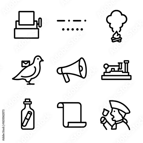 Historical Communication Icons. Outline icon set of historical communication tools: telegram, morse code, smoke signal, carrier