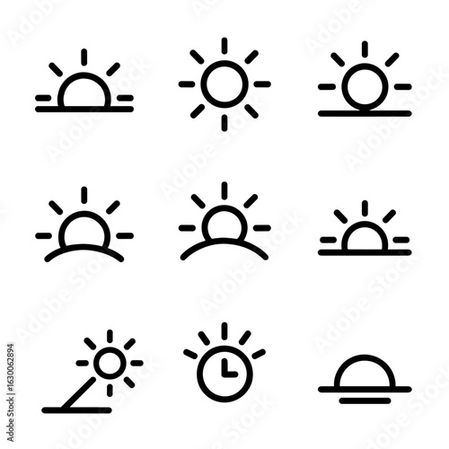 Sunlight Cycle Icons. Outline icon set of sunlight and time: sunrise, early morning sun, noon peak, golden hour, late afternoon