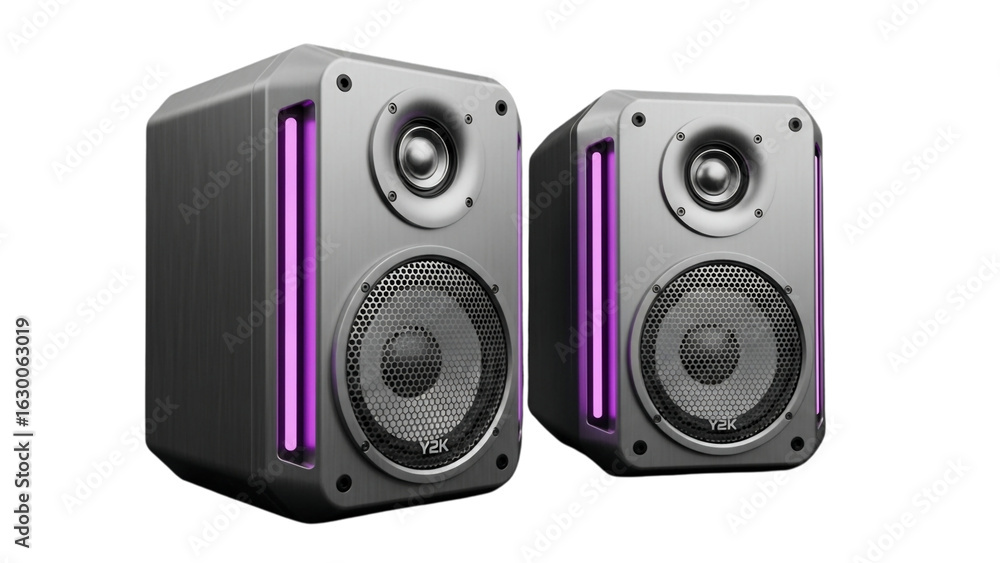 Fototapeta premium Modern stereo audio speakers with vibrant purple LED light strips for immersive sound.
