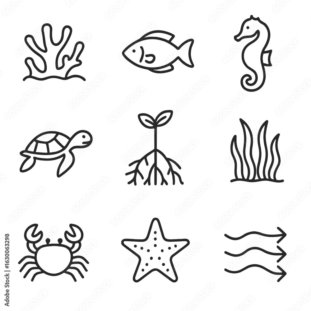 Fototapeta premium Marine Biodiversity Icons. Outline icon set of marine biodiversity: coral, fish, seahorse, turtle, mangrove