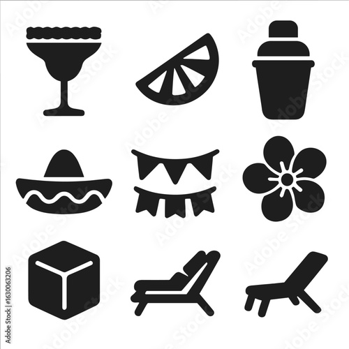 Margarita Party Icons. Solid, filled icons set of margarita-themed summer party: margarita glass, salt rim,