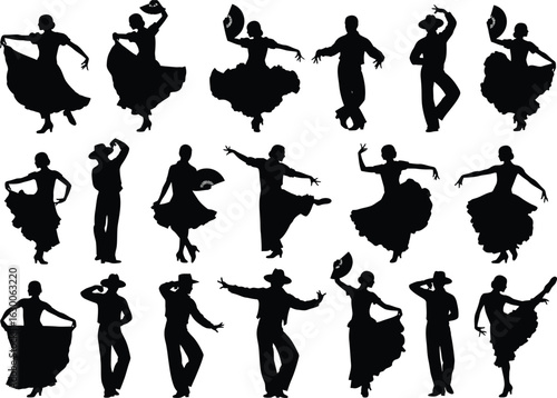 Diverse silhouettes of dancers in traditional mexican folk costumes performing various energetic movements
