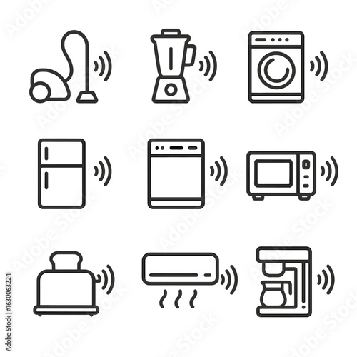Home Appliance Noise Icons. Outline icon set of home appliance noise: vacuum cleaner, blender, washing machine, refrigerator hum,