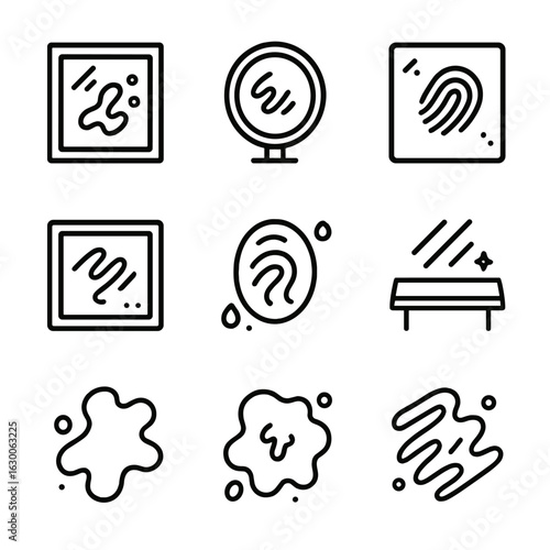 Surface Smudge Icons. Outline icon set of smudge on surfaces: window smudge, mirror smudge, glass fingerprint, dirty screen, oily