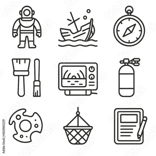 Marine Archaeology Icons. Outline icon set of marine archaeology: diving suit, shipwreck compass, underwater