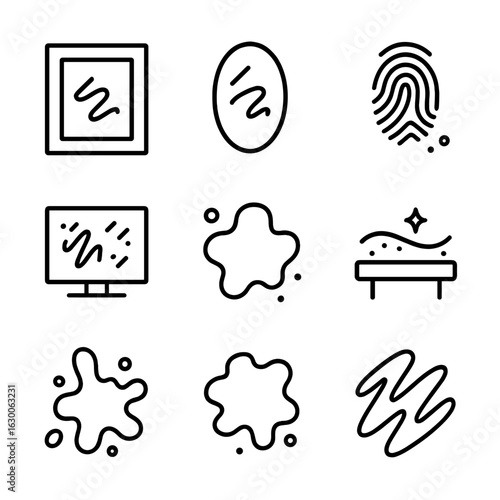 Surface Smudge Icons. Outline icon set of smudge on surfaces: window smudge, mirror smudge, glass fingerprint, dirty screen, oily