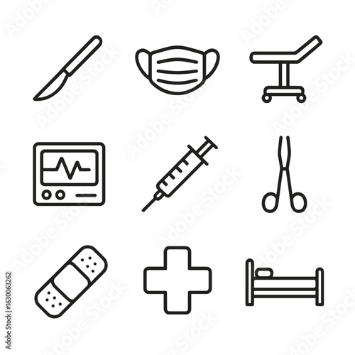 Surgical Operation Icons. Outline icon set of surgical operations: scalpel, surgical mask, operating table, heartbeat monitor,