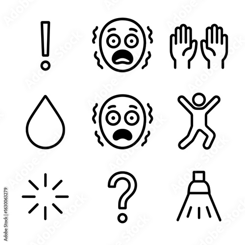 Surprise Icon Set. Outline icon set of shiver in surprise: exclamation mark, wide open mouth, raised hands, sweat drop, popping