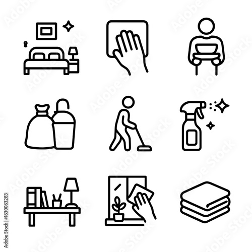 Home Cleaning Icon Set. Outline icon set of home cleaning habits: tidy room, wipe surfaces, gather dishes, trash collection, floor