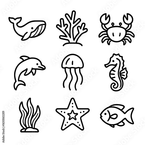 Marine Biodiversity Icons. Outline icon set of marine biodiversity elements: whale, coral, crab, dolphin,