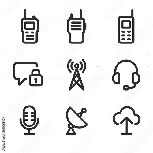 Surveillance Device Icons. Outline icon set of surveillance communication devices: walkie-talkie, radio transmitter, satellite