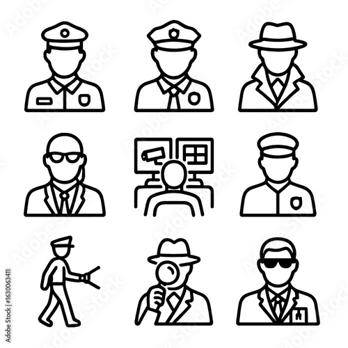Surveillance Icon Set. Outline icon set of surveillance personnel: security guard, police officer, detective, bodyguard, control