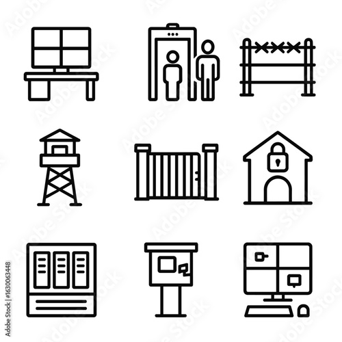 Surveillance Icon Set. Outline icon set of surveillance environments: control room, security checkpoint, perimeter fence, guard