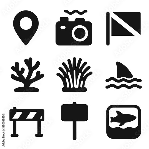Marine Protection Icons. Solid, filled icons set of marine protected areas: map marker, underwater camera,