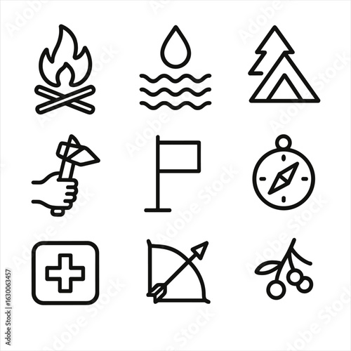 Survival Instinct Icons. Outline icon set of survival instincts: fire starting, water finding, shelter building, tool use,