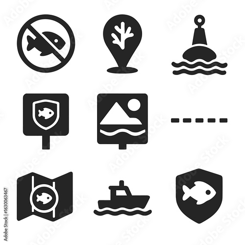 Marine Protection Icons. Solid, filled icons set of marine protected areas: no-fishing zone, reef marker, buoy