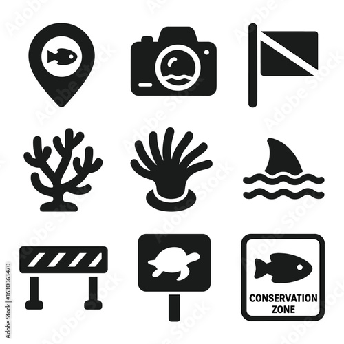 Marine Protection Icons. Solid, filled icons set of marine protected areas: map marker, underwater camera,