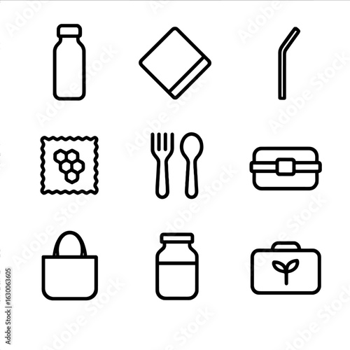 Sustainable Living Icons. Outline icon set of reusable lifestyle: stainless steel bottle, cloth napkin, metal straw, beeswax wrap,