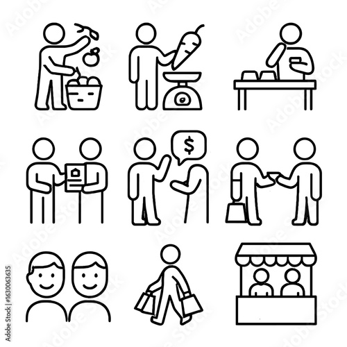 Market Activity Icons. Outline icon set of local market activities: fruit picking, vegetable weighing, tasting