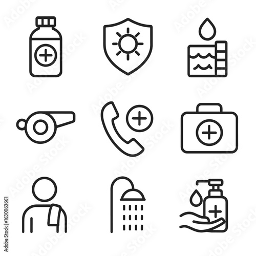 Swim Safety Icons. Outline icon set of swim health and safety: chlorine bottle, UV protection, water quality test, lifeguard