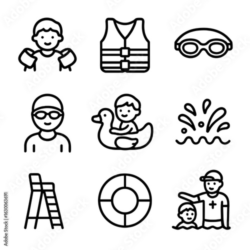 Swimming Gear Icons. Outline icon set of kids swimming: floaties, swim vest, goggles, swim cap, pool toy, splash, lifeguard chair,