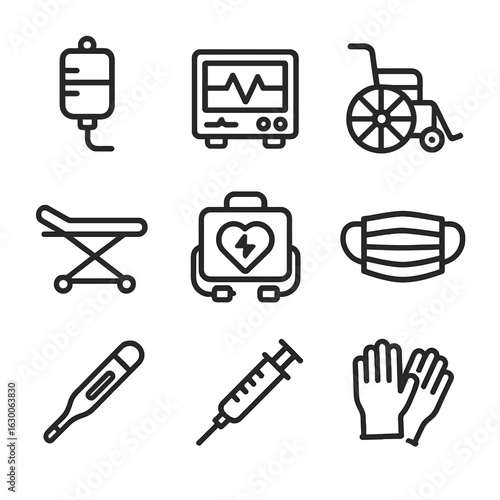 Hospital Equipment Icons. Outline icon set of hospital equipment: IV drip, heart monitor, wheelchair, stretcher, defibrillator,