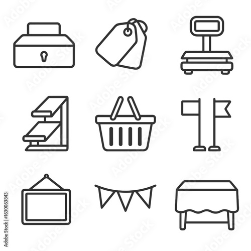 Market Tools Icons. Outline icon set of market tools and accessories: cash box, price tags, scales, display