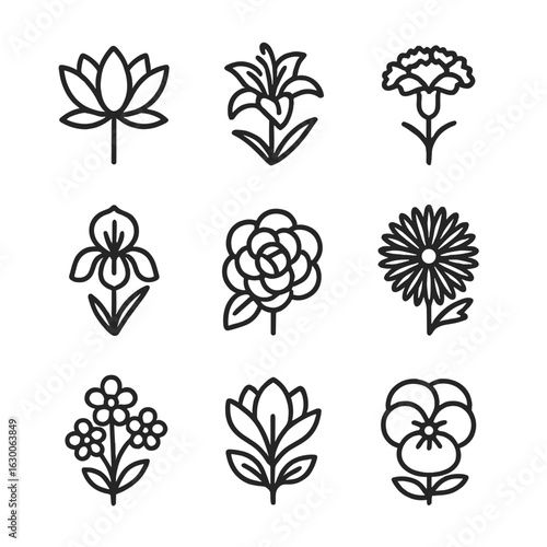 Symbolic Flower Icons. Outline icon set of symbolic flowers: lotus, lily, carnation, iris, camellia, chrysanthemum, forget-me-not,